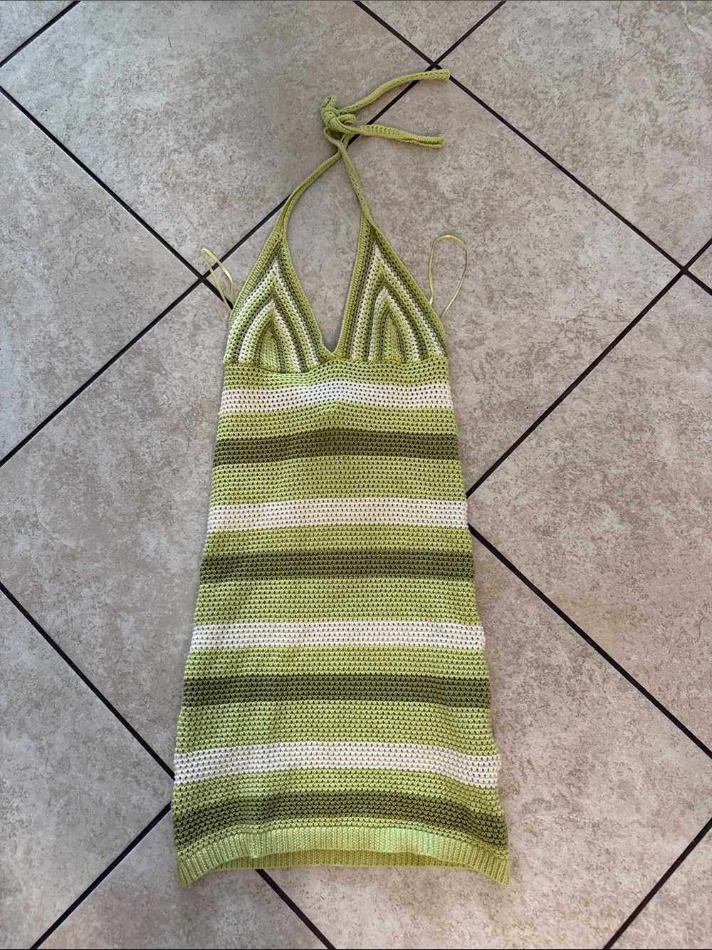 Green Striped Crochet One-Piece Halter Dress